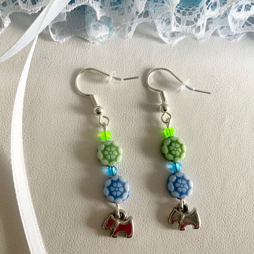Handcrafted Flower Beaded Dangle Drop Handmade Earrings with Little Dog Charm